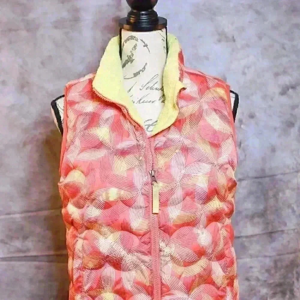 Child's LL Bean Down vest pink/yellow/graphic print size L (14 - 16) - Downtek